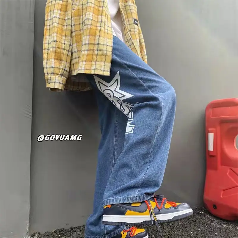 Autumn New Streetwear Retro Hip-hop Letter Printing Jeans Loose Straight-leg Pants Wide-leg Pants For Men And Women Couples