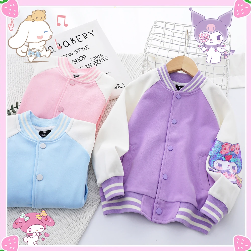 

Sanrioed Kids Baseball Jacket Kawaii Spring Sweet Stylish Cartoon Overcoat Cotton Cinnamoroll Melody Kuromi Cute Girls Boys Gift