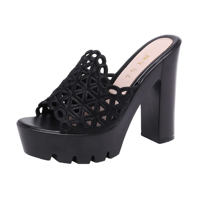 

Plus Size 32-43 Floral Cutout Chunky Block High Heels Shoes for Wedding Model Party 2022 Summer Slippers Chunky Platform Slides