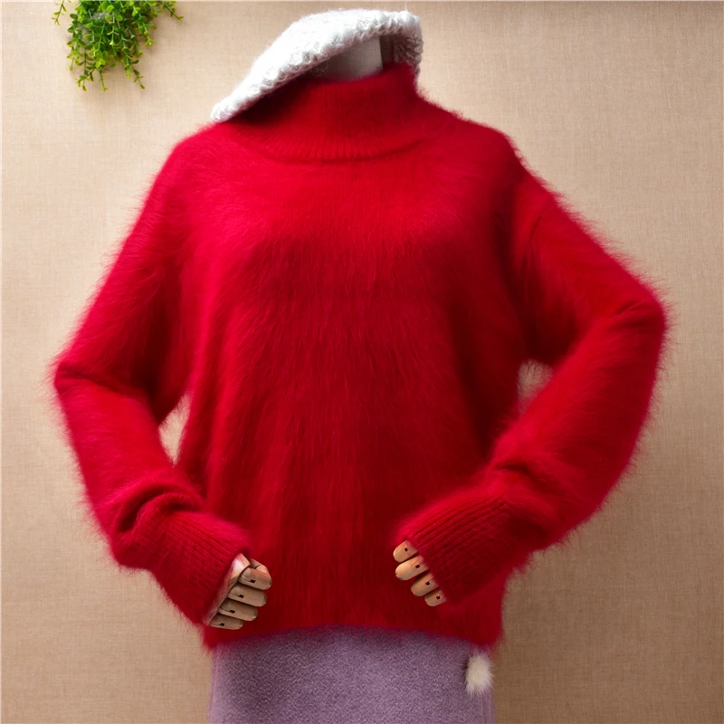 

ladies women fashion christmas red mink cashmere knitted turtleneck loose pullover angora rabbit hair jumper sweater pull tops