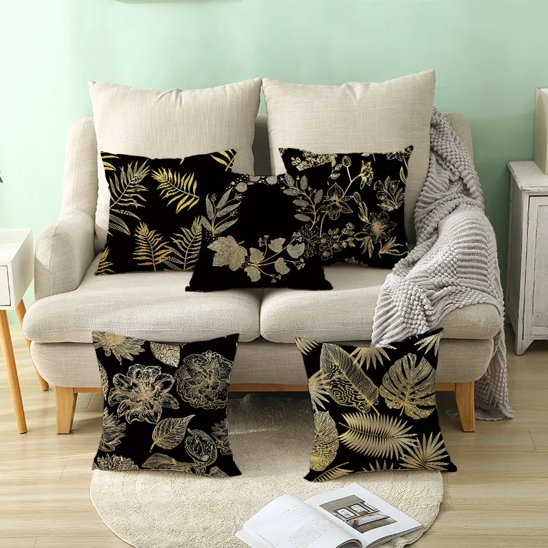 

Black Printing Cushion Covers Yellow Leaf Polyester Pillowcase Living Room Party Sofa Seat Decor Throw Pillow Covers