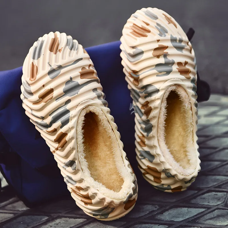 

Winter Plush Slippers Waterproof Home Men's Shoes Camouflage Flat-bottomed Men's Non-lace Shoes Warm And Comfortable Male Shoes