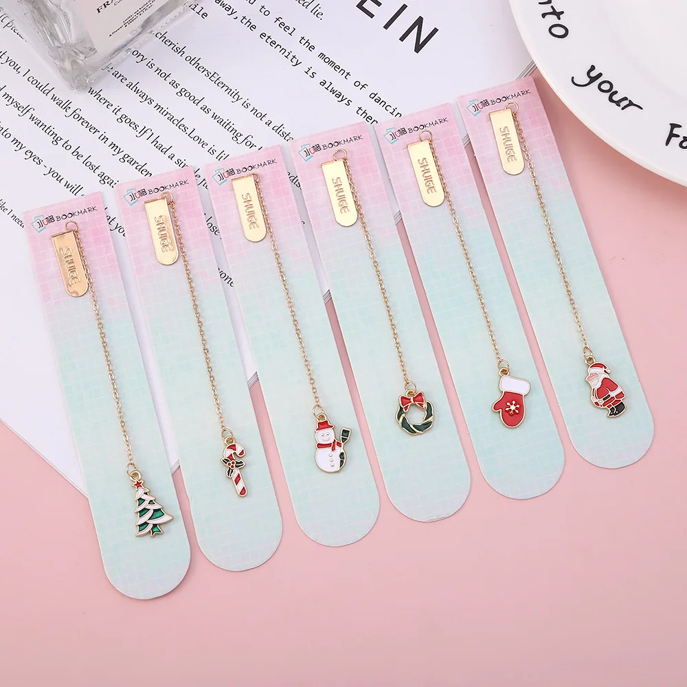 

Christmas Bookmark Santa Claus Paper Sign Pendant Paging Marker Creative Metal Reading Book Clip Stationery Learning Supplies