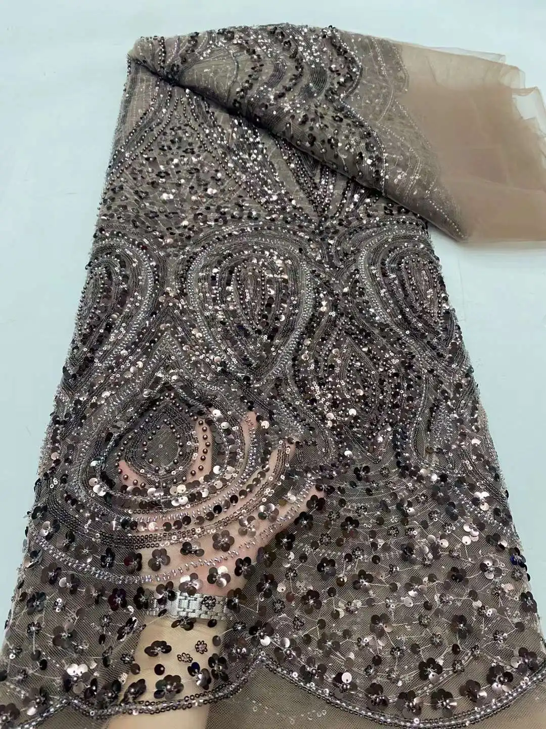 Высококачественная кружевная ткань из бисера для свадьбы материал белого