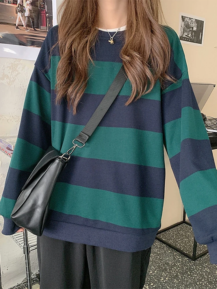 

Vintage Striped Women T-Shirt 2022 Horizontal Stripes O Neck Female Streetwear Casual Loose Harajuku Long Sleeve Ladies Tops