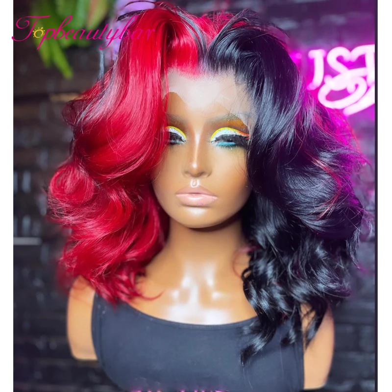 Red And Black Colored Wavy 13x4 Lace Frontal Wig Human Hair Wigs Highlight Ombre 13x6 Lace Front Wig 4x4 Closure Wig For Women