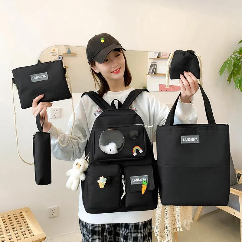 

5 Piece Set Women's Korean Backpack New Junior High School School bag For Girl ins High Capacity Back Pack mochila escolar