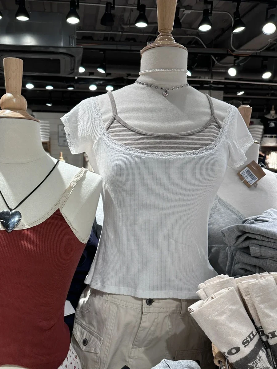 Белая Милая футболка с кружевной отделкой женские сексуальные хлопковые