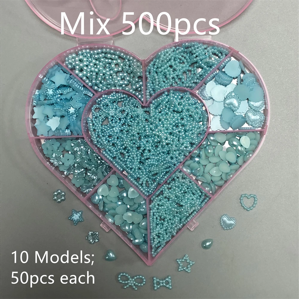 Объемная поставка небесно-голубого цвета полый жемчуг сердце звезда лук ногти