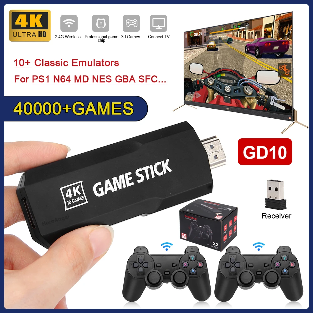 

GD10 Game Stick 4K Retro Video Game Console 2.4G Wireless Controllers Emuelec 4.3 System 40000 Games 40 Simulators for N64/SEGA