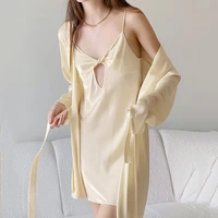 womens stain silk pajamas sets sexy hollow sling nightdress y2k solid maxi dress long sleeve bath robes for women lounge set
