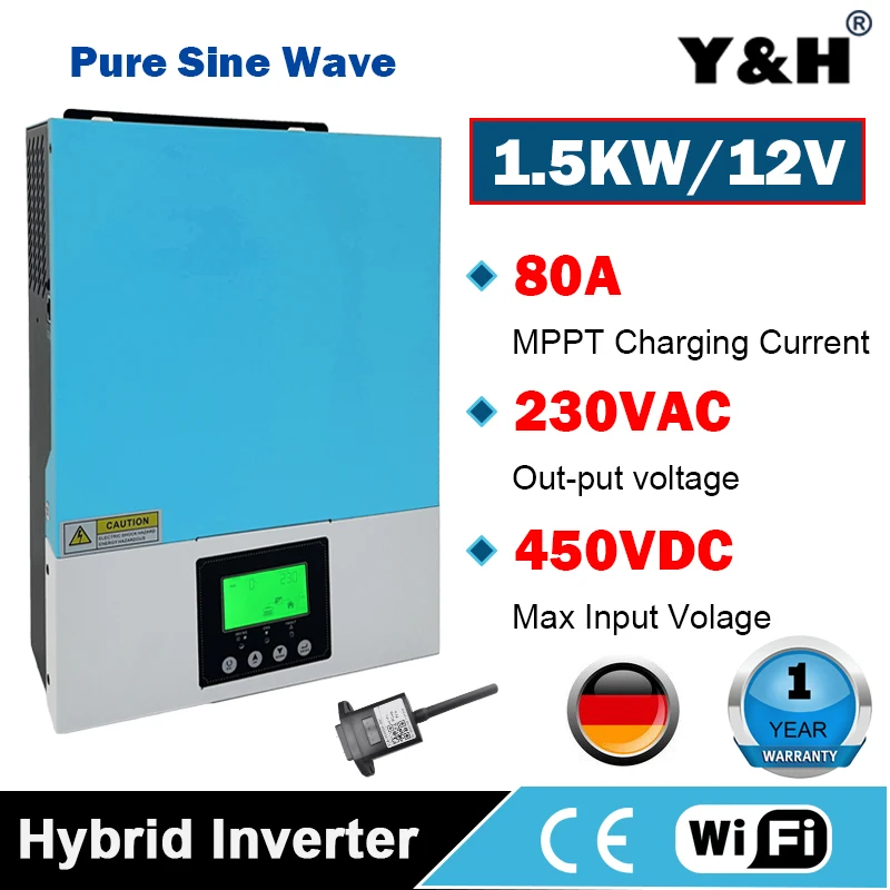 

1500W MPPT Hybrid Solar Inverter 12V 230V PV Max 450V Built In 80A 1.5KVA Solar Charge Controller Pure Sine Wave Inversor