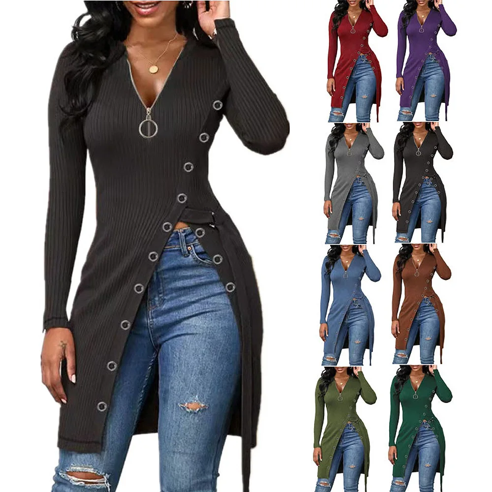 

2022 autumn and winter women's zipper V-neck long-sleeved T-shirt high slit thread mid-length top women
