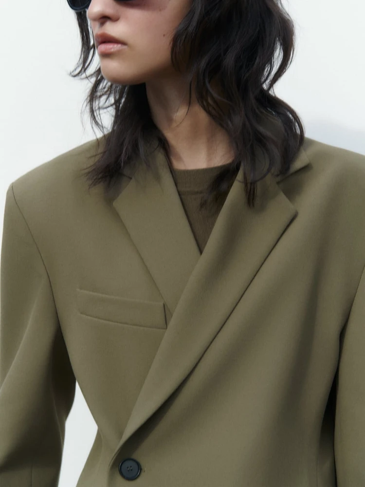 ZA Women's Spring Summer New Asymmetric Double-breasted Lapel Long-sleeved Blazer Loose Oblique Button Design Casual Suit Jacket