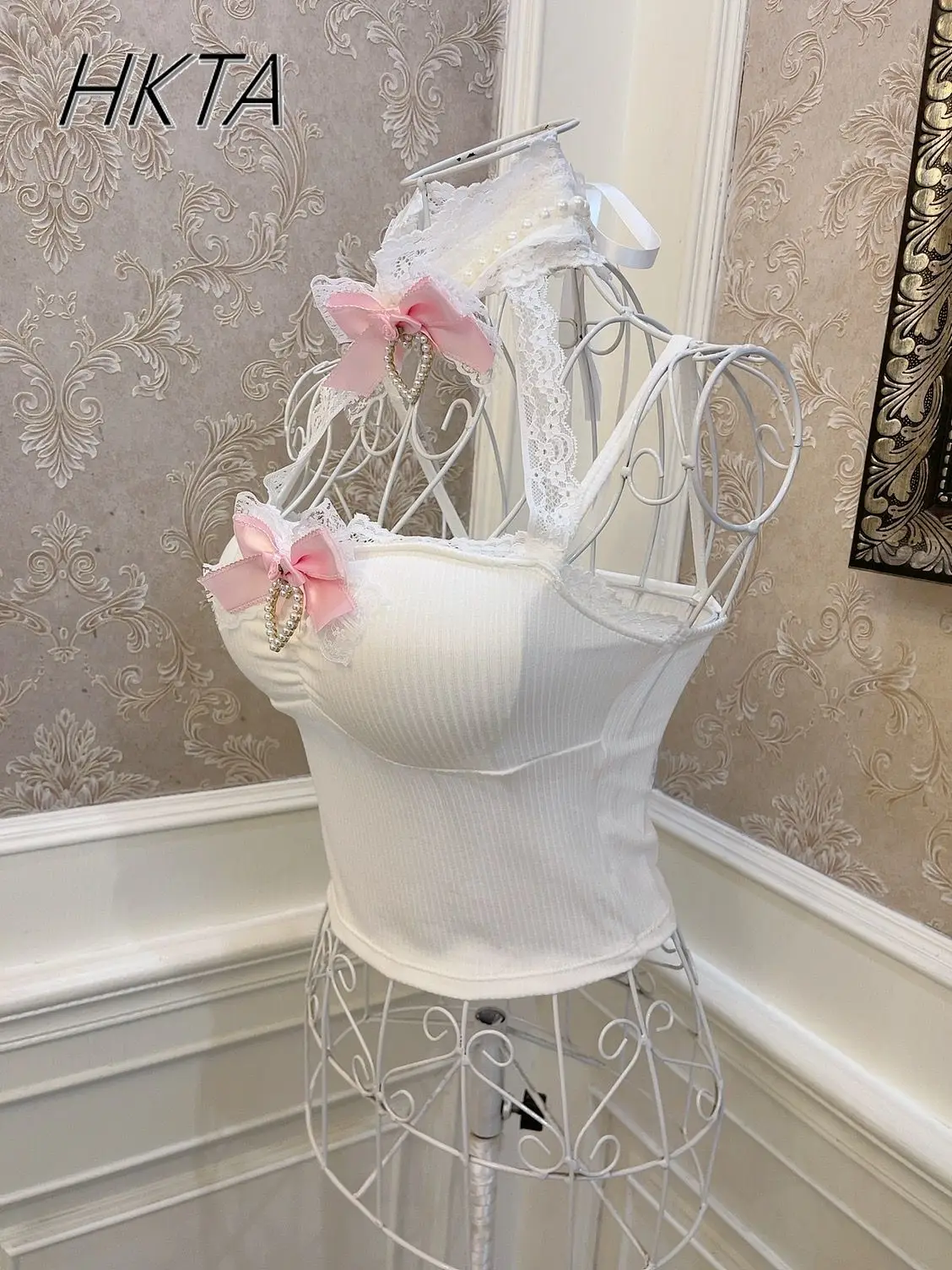 Y2K Aesthetic Kawaii Girls Sweet Rose Bow Белый жилет Женский шикарный жемчужный кружевной край