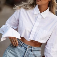 women blouse new 2022 casual turn down collar irregular hem breathable super short shirt top streetwear