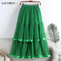 saythen spring new high waisted ruffled stitching ribbon mid length large swing a line skirt skirt women