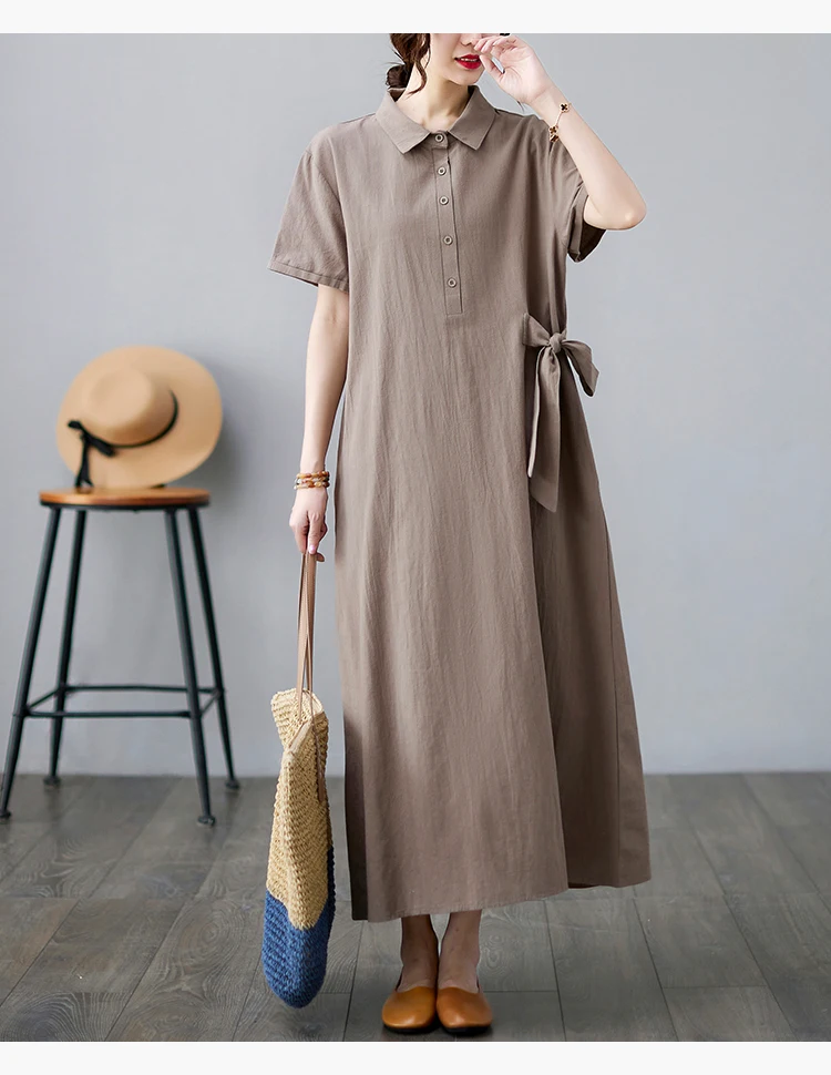 

Aransue Cotton Linen Female Clothes 2022 New Summer Dress Short Sleeve Korea Fashion POLO Collar Robe