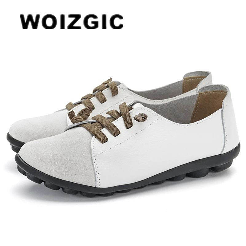 Фото WOIZGIC женская обувь из натуральной кожи, женские лоферы, балерина на шнуровке, мягкие мокасины, большой размер 43 44 №1