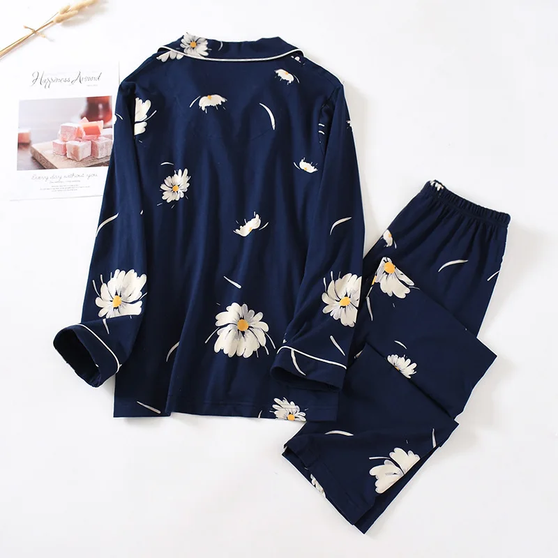 Japanese style new spring and autumn ladies 100% cotton pajamas suit small flowers long-sleeved two-piece summer home service