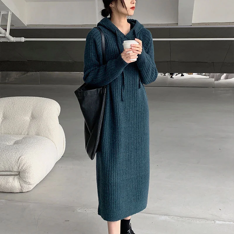 

Knitted Hooded Dress LONG Sleeve Korean Loose Knit Backing Pullover V-Neck Solid Blue Commuter T-Shirt