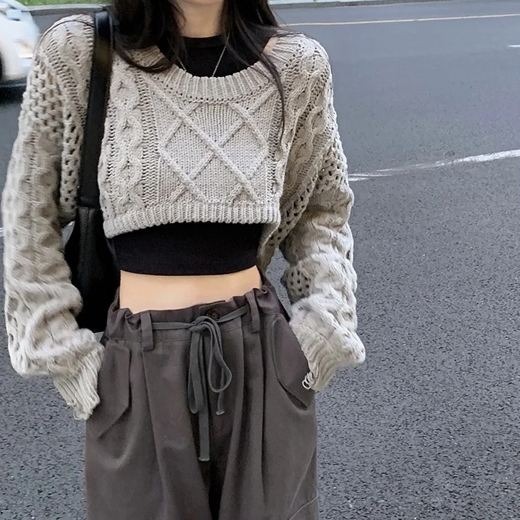 

Hot Girl Sexy Croptop Women Fashion Autumn Slim Fit Round Neck Loose Long Sleeve Knit Sweater