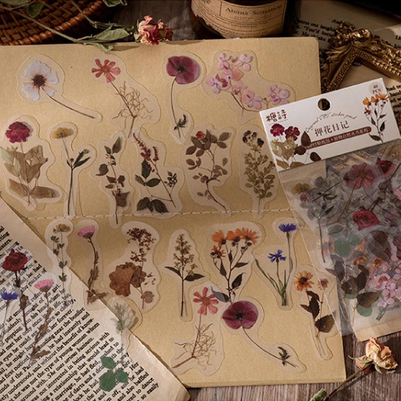 40pcs Vintage Botanical Stickers Grass Flower Aesthetic Flowers Hand  Account Material Decorative Stationery Sticker Supplies