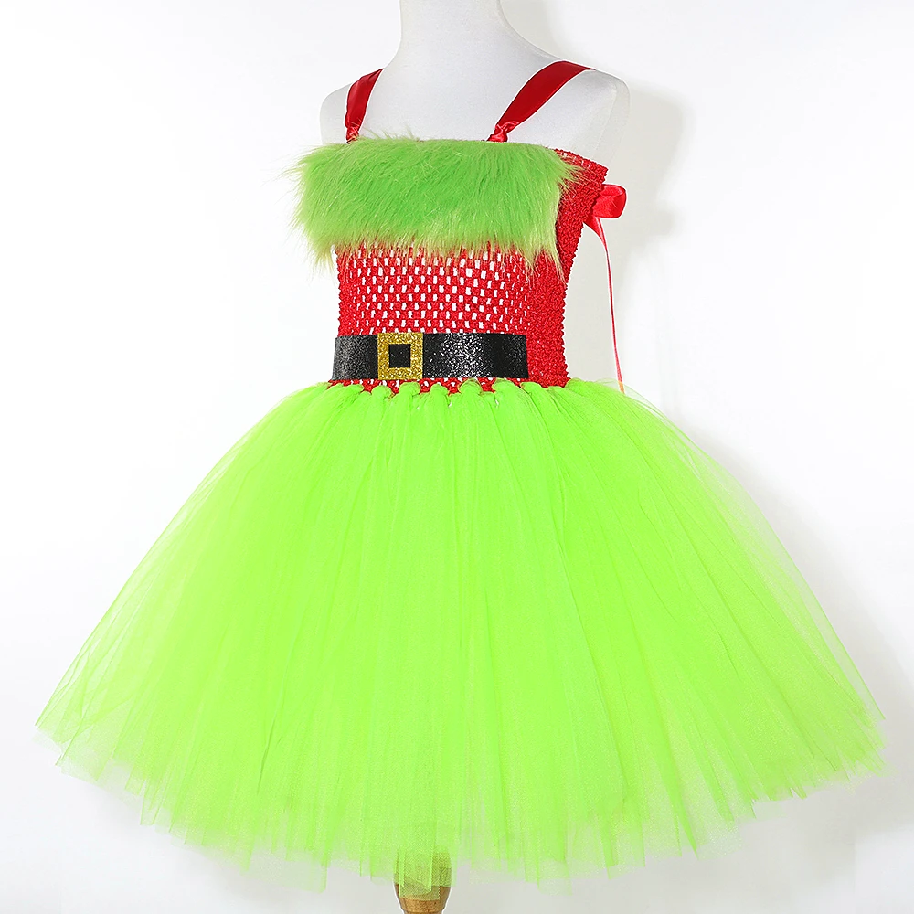 Фото Зеленый пушистый костюм Санта-Гринм монстра для девочек, рождественское платье-пачка, наряд для малышей, детский комплект одежды на Рождество и Хэллоуин №5