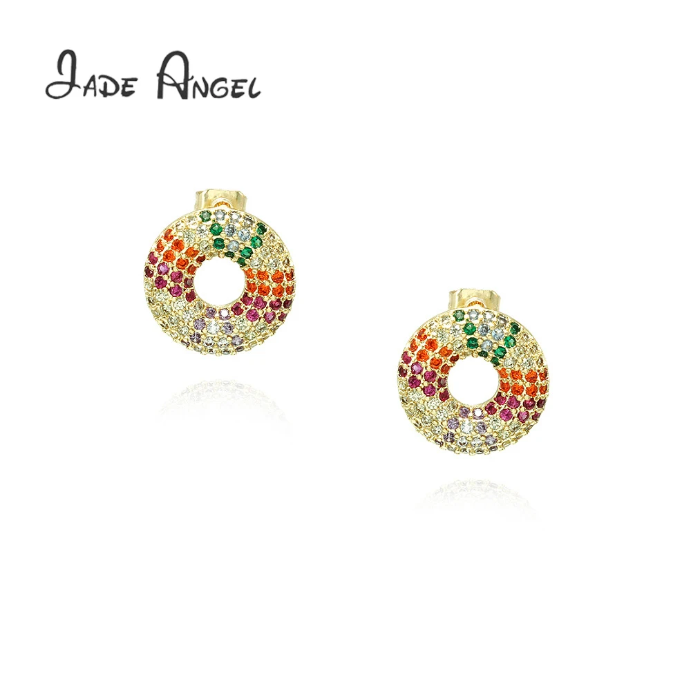 

JADE ANGEL Fashion Round Hollow Out Stud Earrings for Women Four-claw Colorful Zircon Vogue Lady Shiny Trend Jewelry Accessories