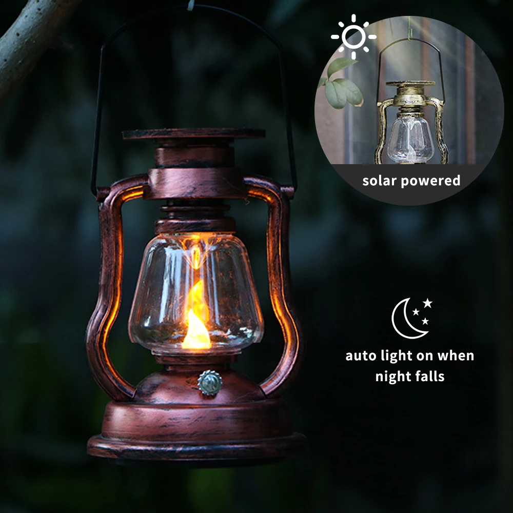 

Solar Powered Hanging Candle Light Retro LEDs Oil Lamp Flickering Flameless Solar Lantern Outdoor Hanging Lighting Garden Yard