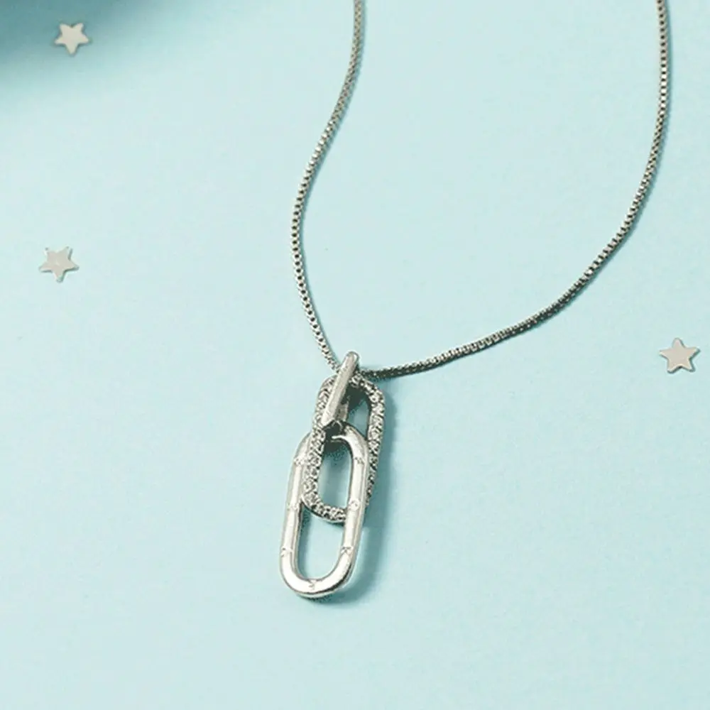 

Women Lady Gift Long Chain Valentine's Day Two Oval Pendant Silver Necklaces Clavicle Chain