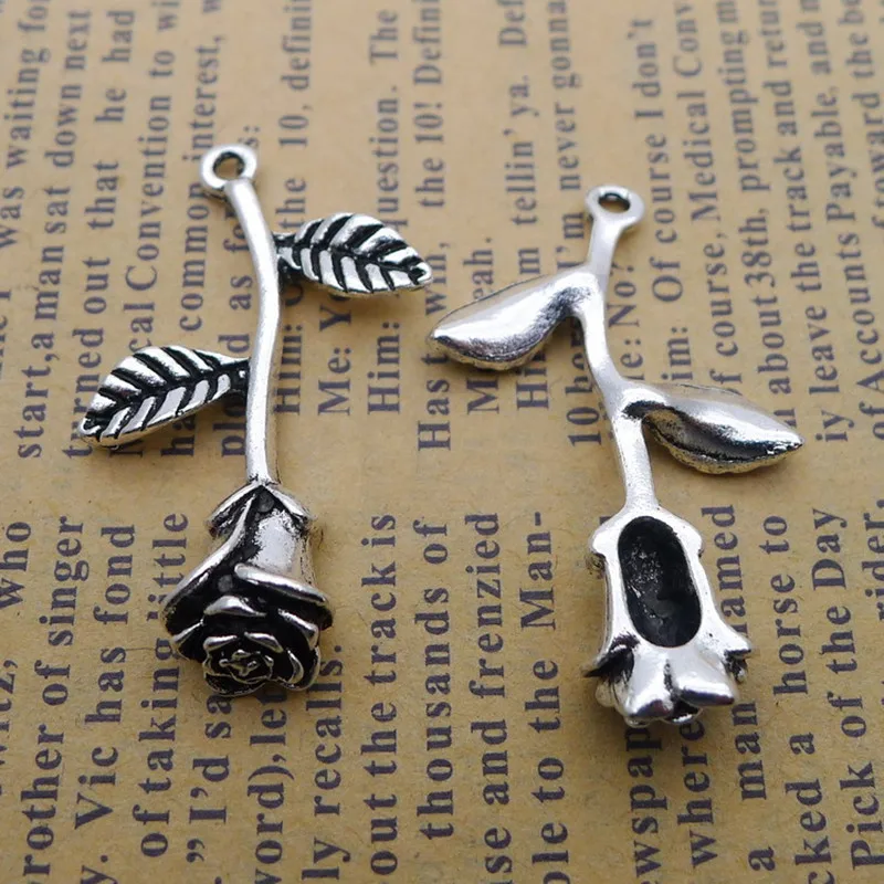 

BULK 30pcs Antique Silver Plated Plant Rose Flower Charms Tibetan Pendant for DIY Necklace Making 20*34m 2.9g