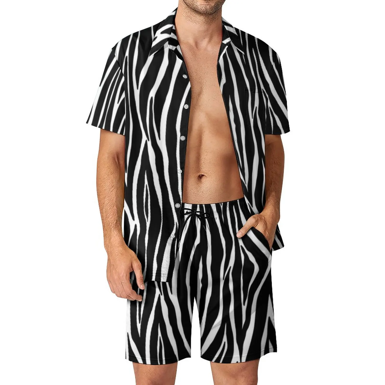 

Zebra Print Men Sets Black And White Stripes Casual Shorts Summer Retro Beach Shirt Set Short-Sleeve Design Plus Size Suit Gift