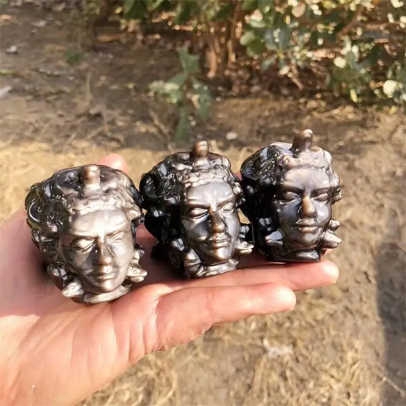 5 см натуральный серебряный обсидиан Медуза череп резьба исцеление фэншуй камни