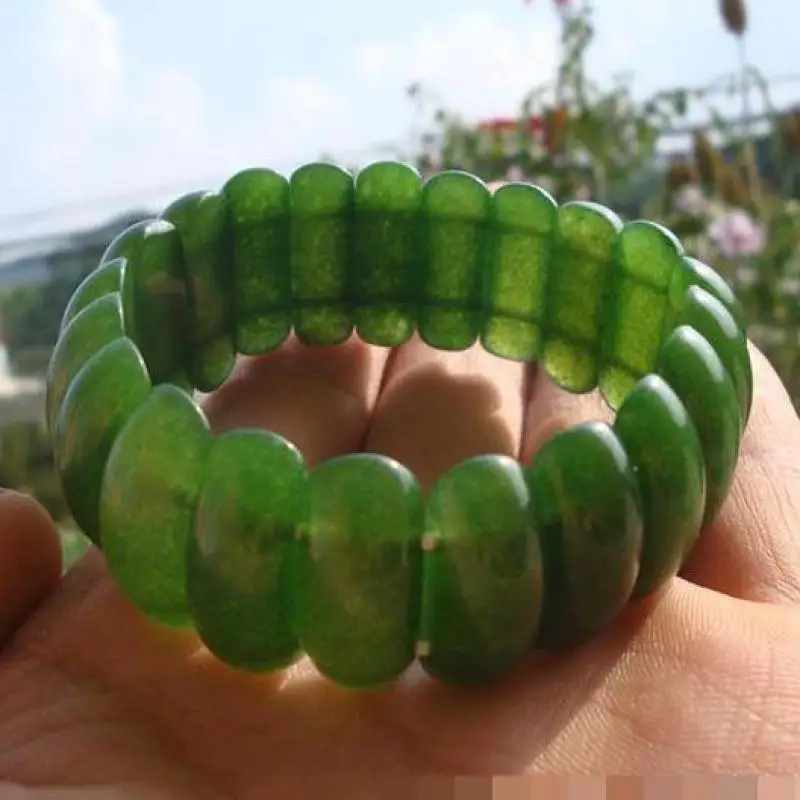 

Natural Green Jade Wide Bracelet Bangle Men Women Genuine Chinese Nephrite Hetian Jades Stone Elastic Beaded Bracelets Bangles