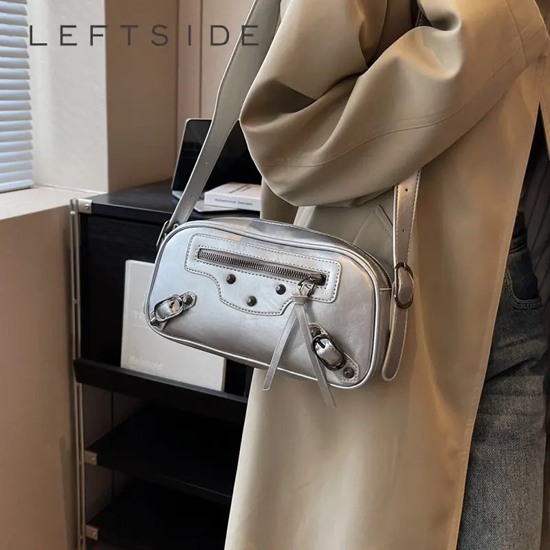 

LEFTSIDE серебристые кожаные сумки через плечо для женщин Роскошные 2023 Y2k корейские модные Женские однотонные сумки и кошельки