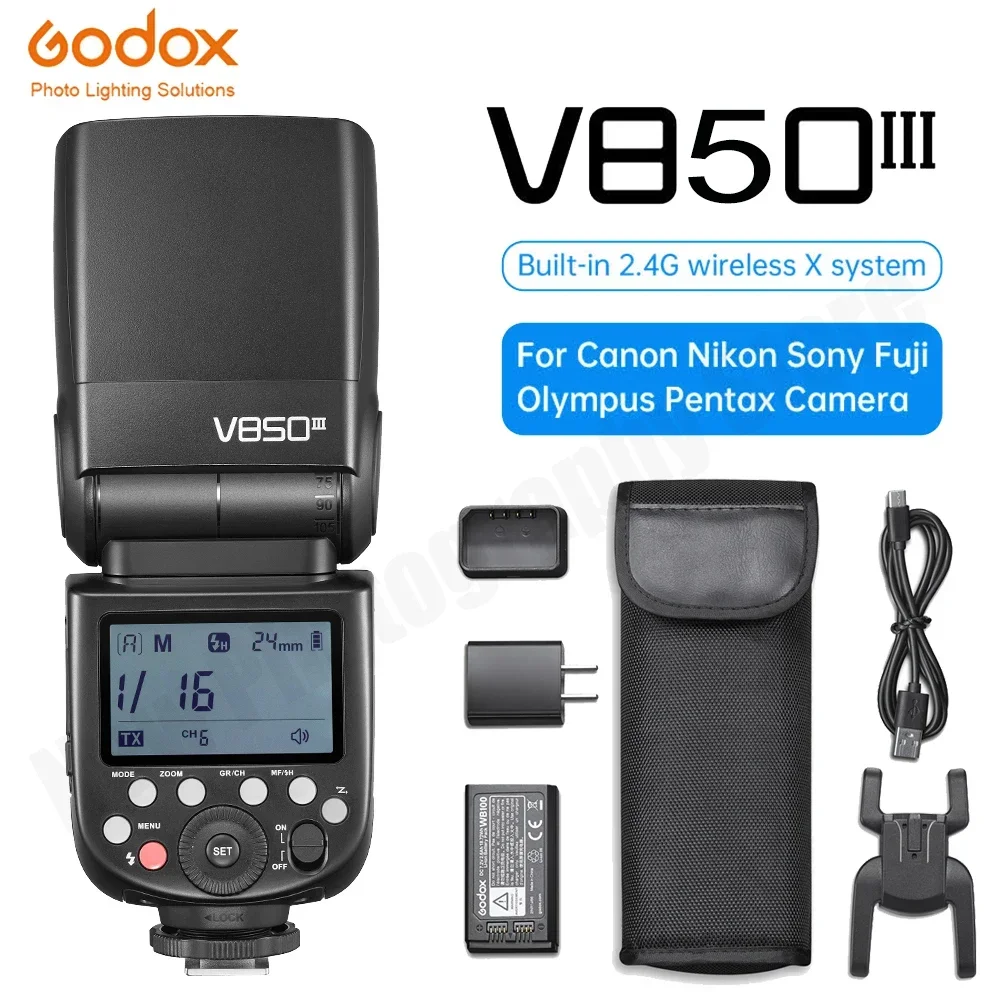 

Godox V850III speedlight Speedlite Flash 76W 2,4G GN60 Wireless X System li-ion Аккумулятор для Canon Nikon Sony Fuji Pentax Olympus