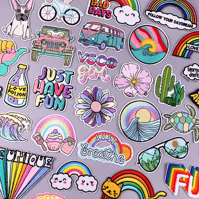 

Cartoon Flower Car Patch Rainbow Waves Embroidery Patch Iron On Patches For Clothing DIY Letter Patch For Clothes Sticker Badges