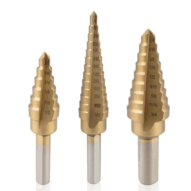 

Hot Titanium Step Drill Bit Set High Speed Steel 3-Piece Set Total 28 Sizes