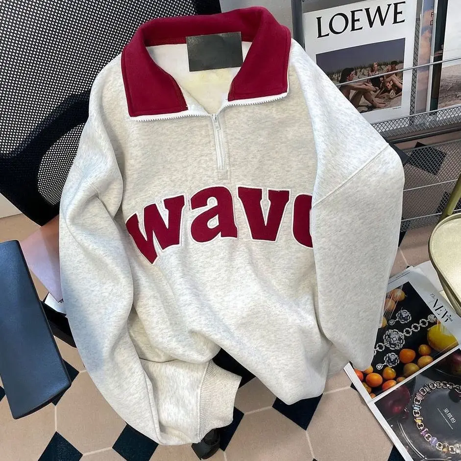 

Vintage Print New Coat Hoodie Women Spring and Autumn Loose Student Half Zip Plus Velvet Polo Shirt Top
