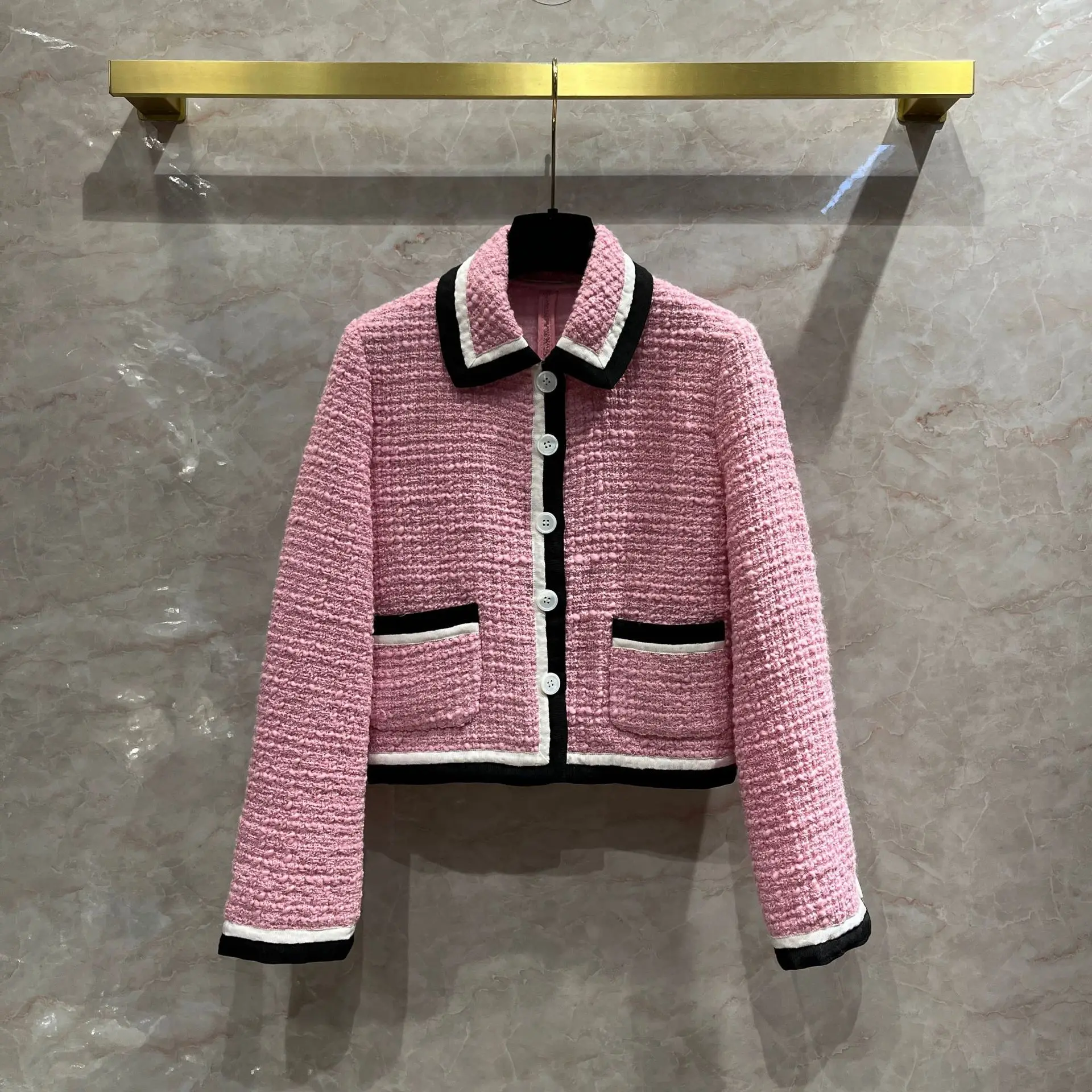 Осеннее Женское пальто из твида розового цвета в французском стиле C655 |