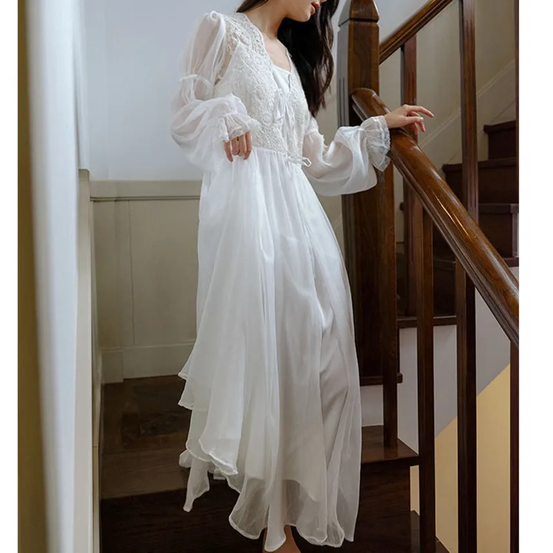 Women White Long Morning Robe Princess Two-Pieces Lace Nightgown Gauze Full Sleeve Nightdress Lining Spaghetti Strap Nightie New