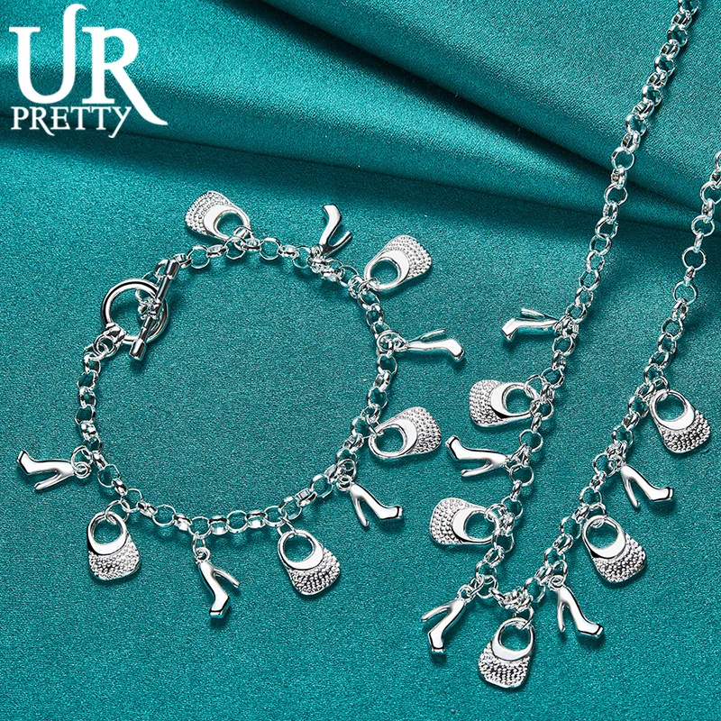 

925 Sterling Silver Fashion Mini Bag And High Heel Pendant Chain Set Fashion Gift Women's Party Wedding Charm Jewelry