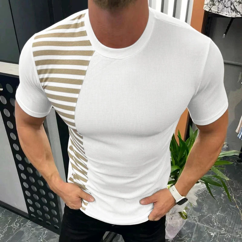 

Футболка мужская Трикотажная в полоску, повседневный облегающий пуловер с коротким рукавом и круглым вырезом, модная уличная одежда для оф...