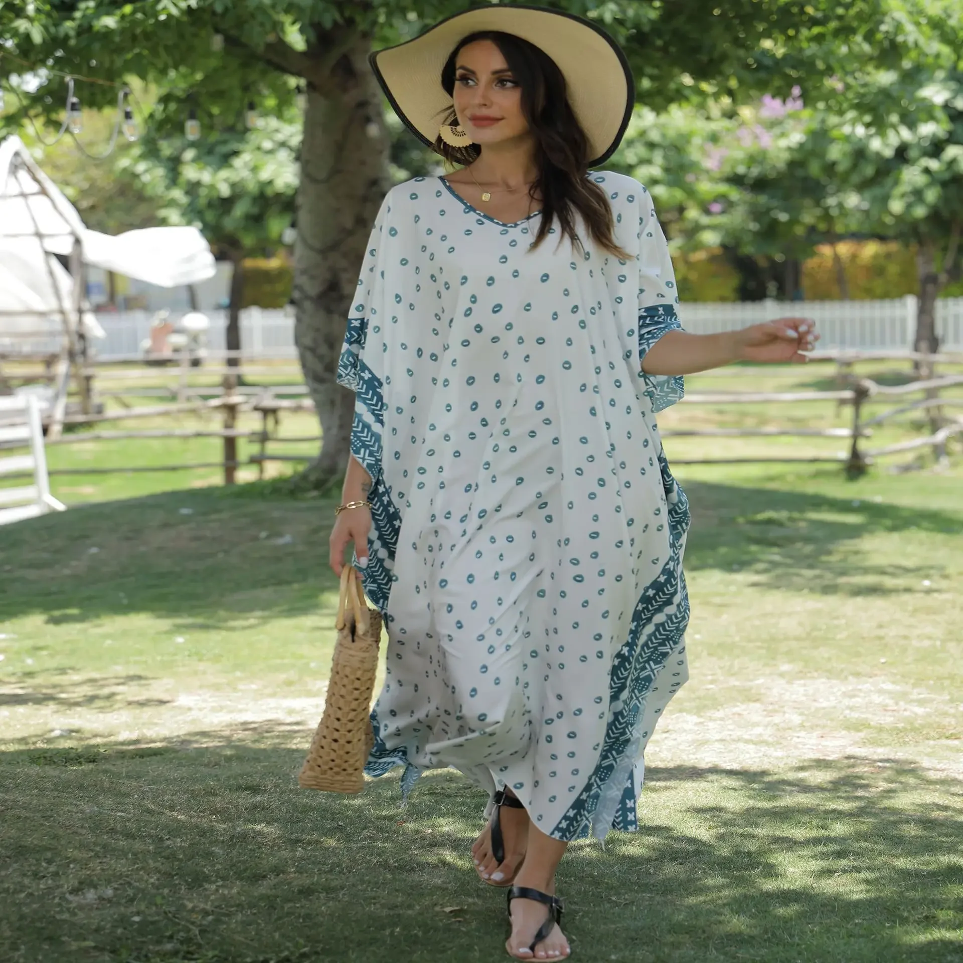 Длинное платье свободного покроя с v-образным вырезом повседневное бикини