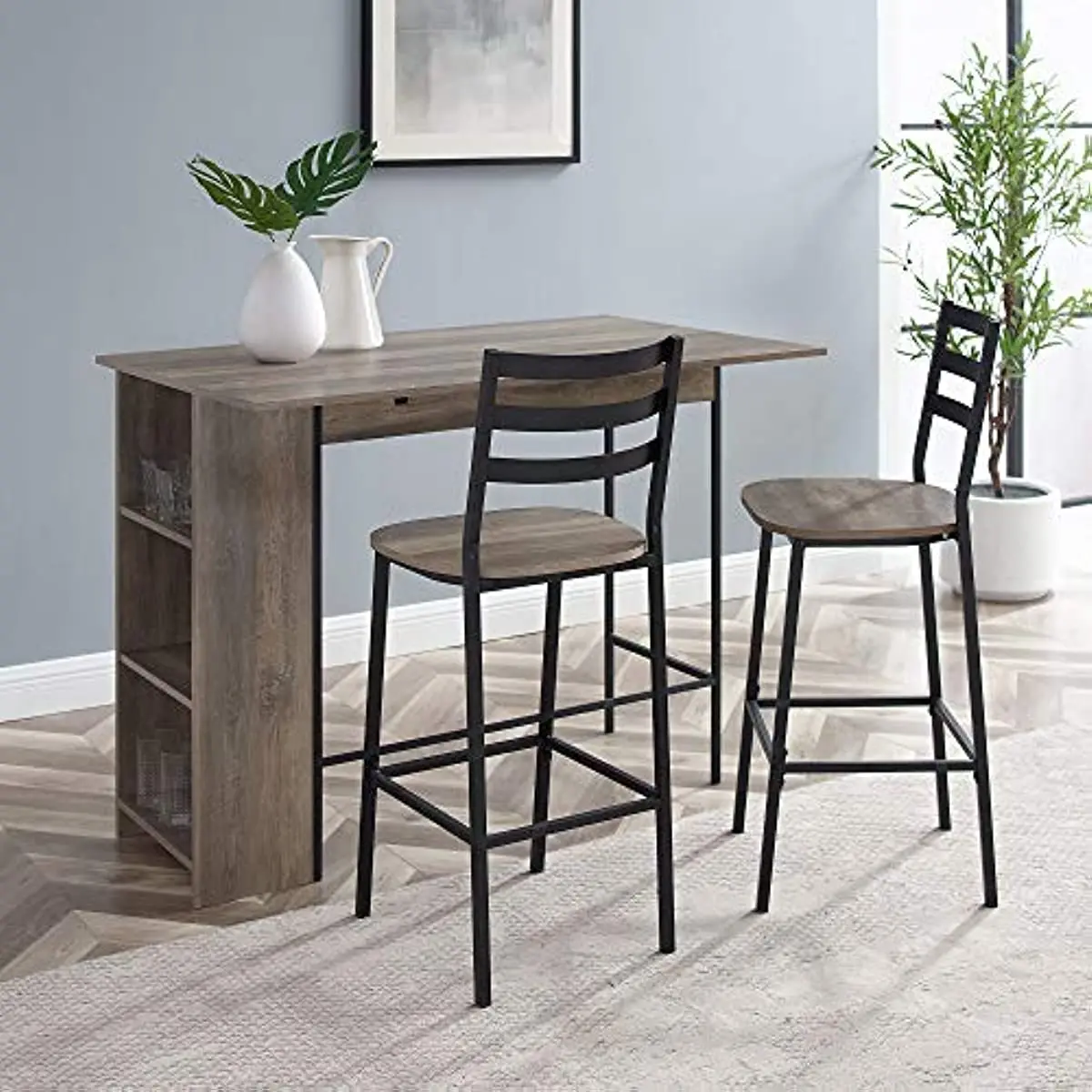 

AZW48LNSB3PGW 3 Piece Drop Leaf Counter Table Dining Set with Storage, 48", Grey Wash