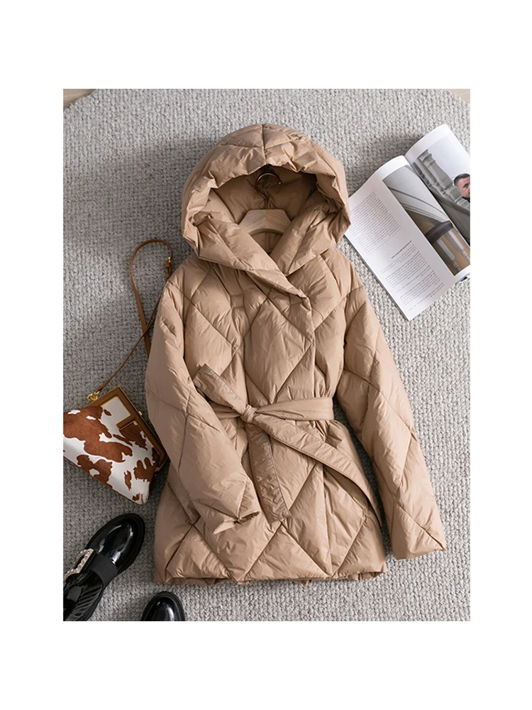 

Женское утепленное пальто средней длины, зимняя свободная однотонная куртка на утином пуху с капюшоном и узором ромбиками