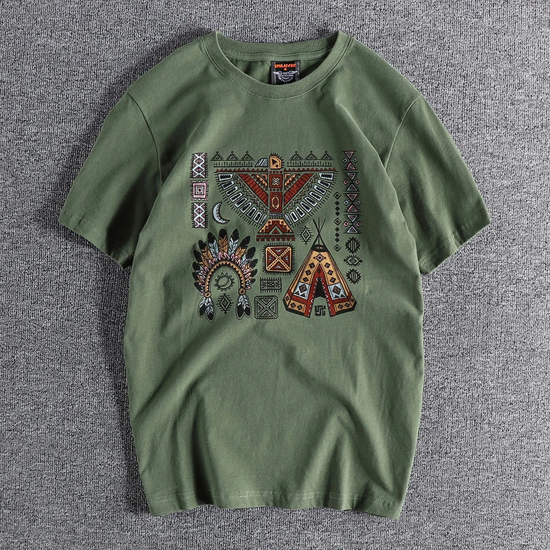 

American Tribal Print Summer Retro Trend Men's Short Sleeve T-Shirt Washed Cotton Comfortable Round Neck T-Shirt Half Sleeve