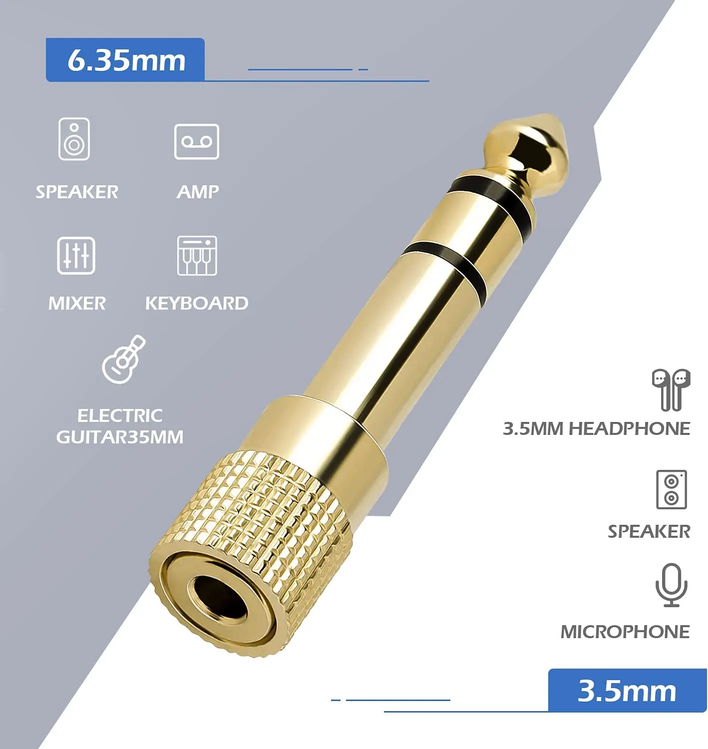 

6,35 мм, 1/4 дюйма, штекер на 3,5 мм, 1/8 дюйма, гнездо и 3,5 мм, 1/8 дюйма, штекер на 6,35 мм, 1/4 дюйма, гнездовой стереоадаптер для наушников