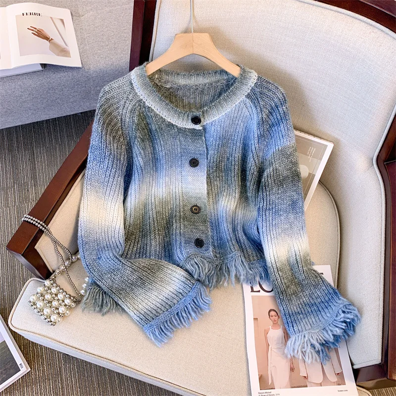 

Fashionable Tassel Tie Dyed Sweaters for Women's Autumn and Winter New Style Cardigan Coat Small and Unique Top